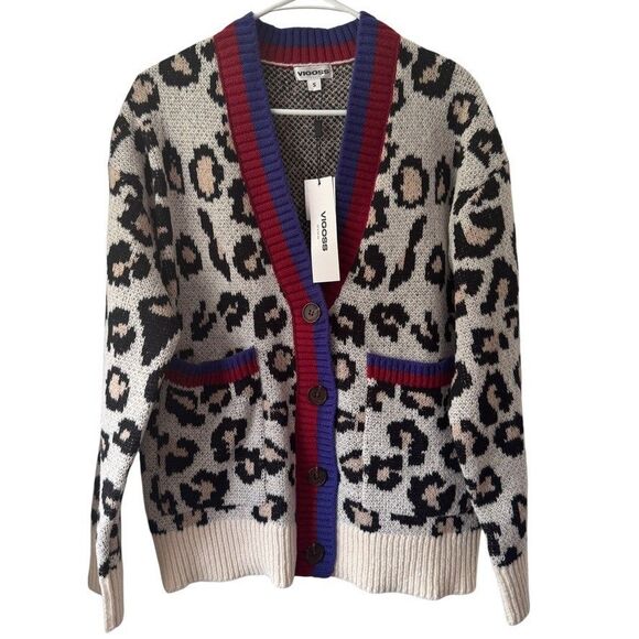 VIGOSS Women's SMALL Leopard Button Front Cardigan Neutral Pockets Ribbed Hem - Picture 2 of 6